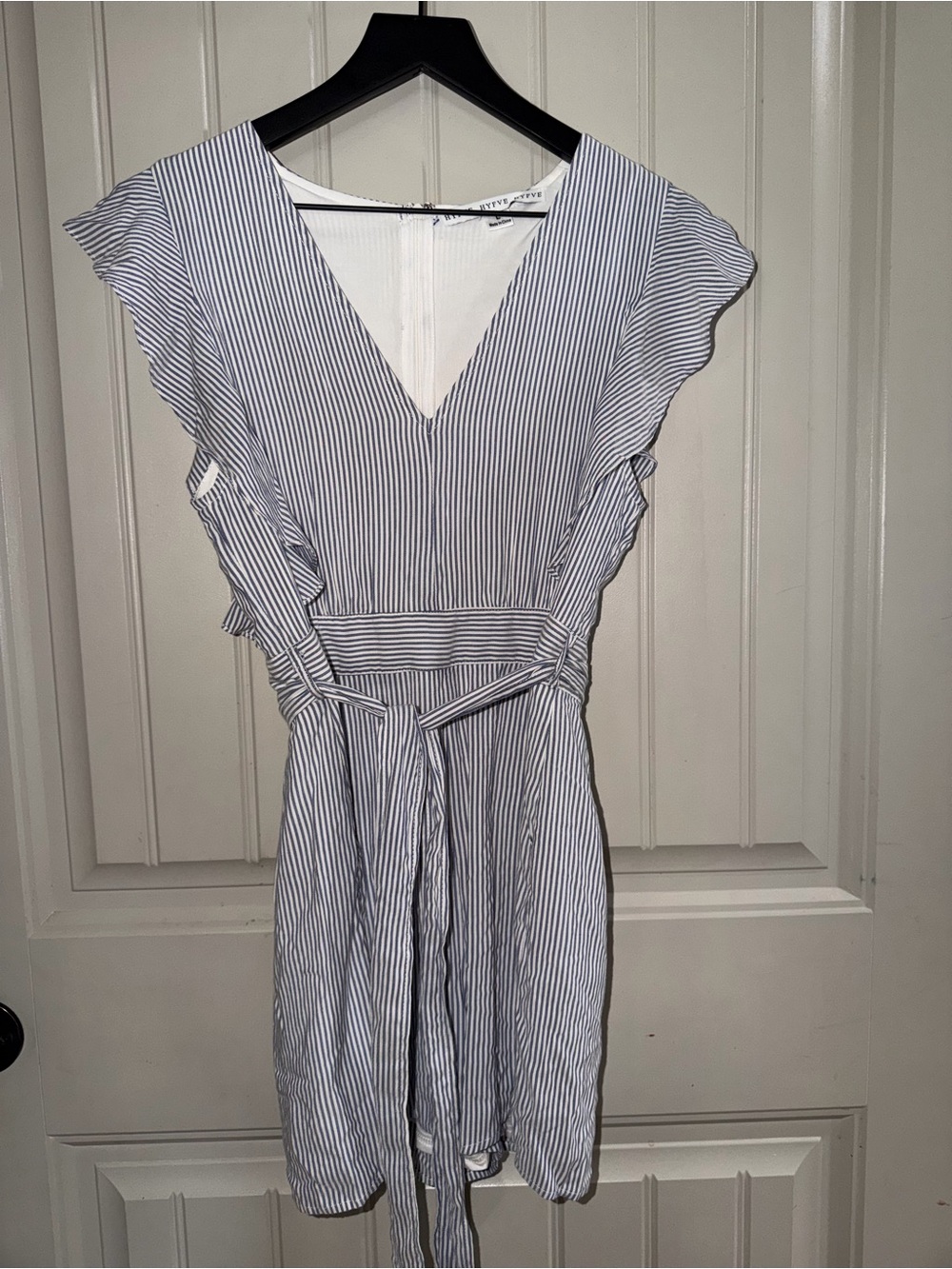 Striped V-Neck Tie-Waist Women’s Dress - Blue & White
